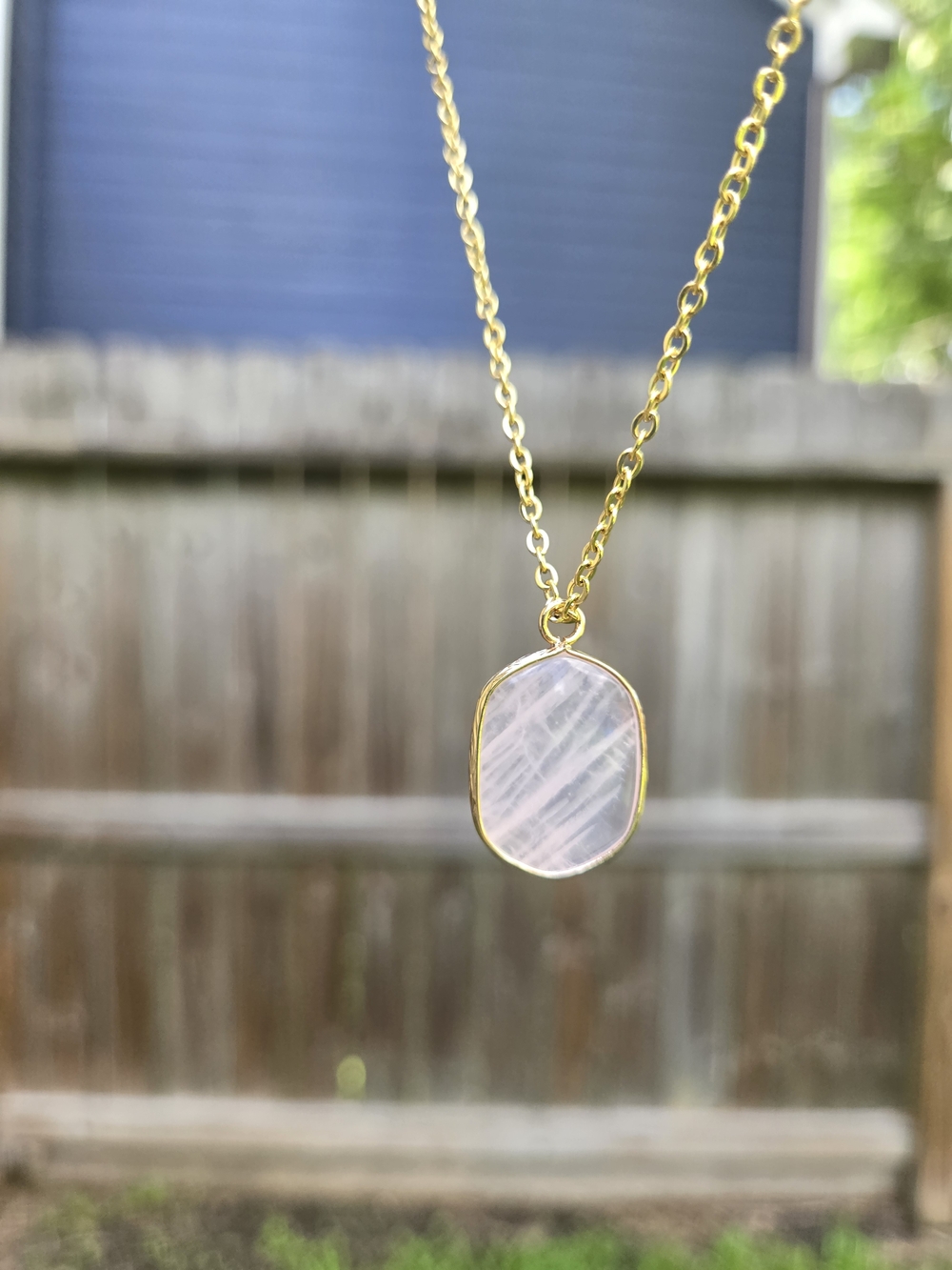 Gold Tone Necklace with Pink Rose Quartz Pendant